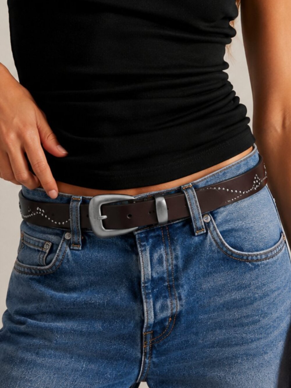 Lucky Brand Brown Leather Studded Western 1" Belt w/ Silver Accents Size L NEW